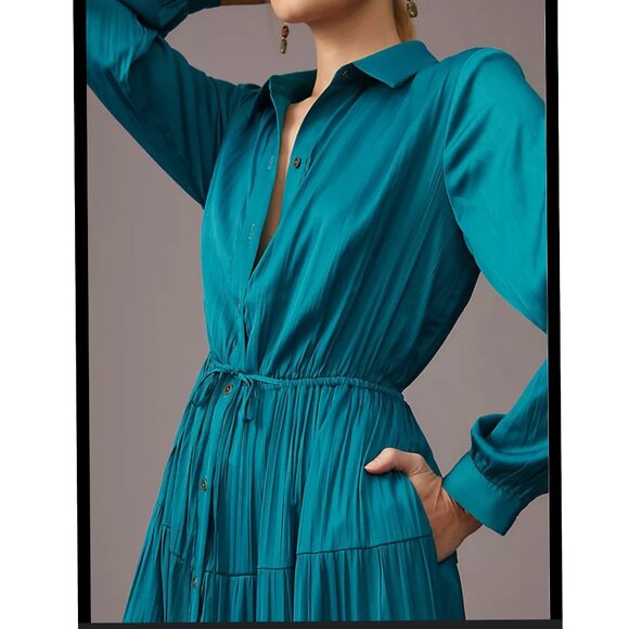 Anthropologie Green Blue Teal satin maxi tiered long sleeve shirt dress XL - Picture 2 of 16